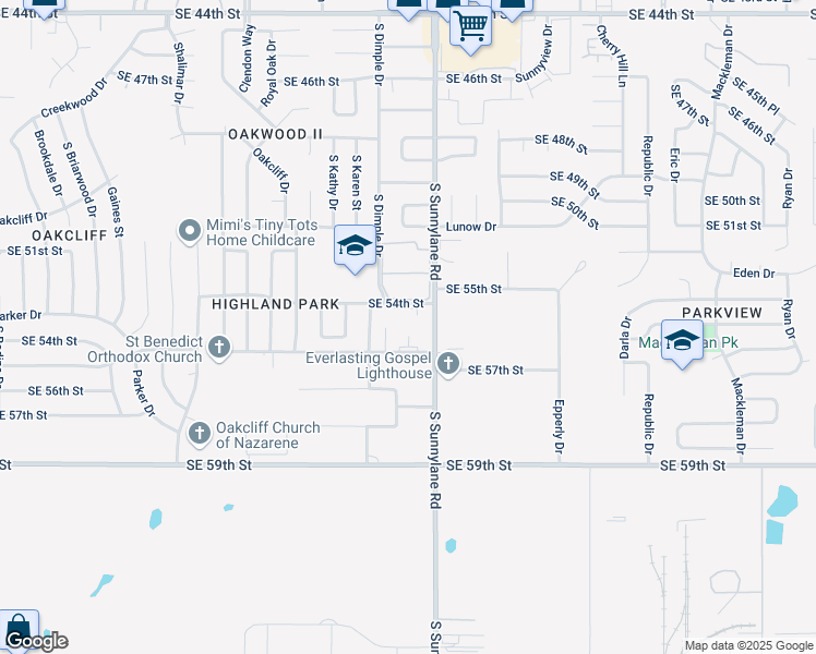 map of restaurants, bars, coffee shops, grocery stores, and more near 5523 South Sunnylane Road in Oklahoma City