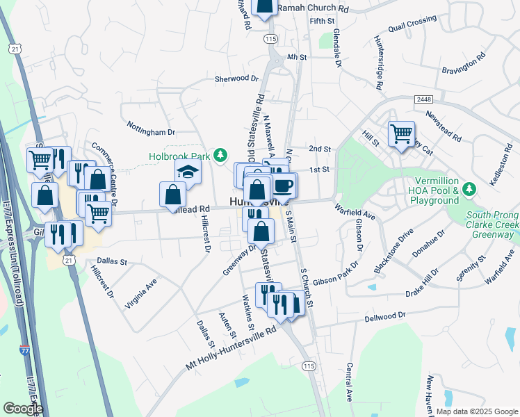 map of restaurants, bars, coffee shops, grocery stores, and more near 101 South Old Statesville Road in Huntersville