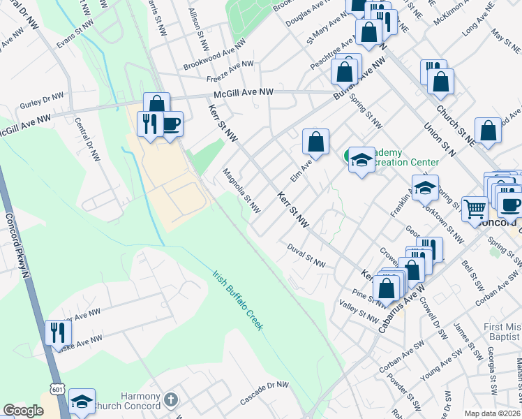 map of restaurants, bars, coffee shops, grocery stores, and more near 294 Elm Avenue Northwest in Concord