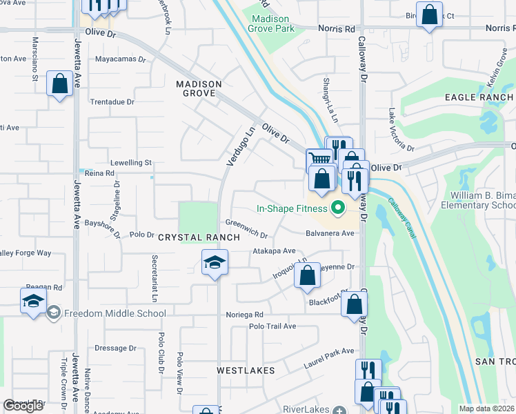 map of restaurants, bars, coffee shops, grocery stores, and more near 10302 Willow Bend Court in Bakersfield