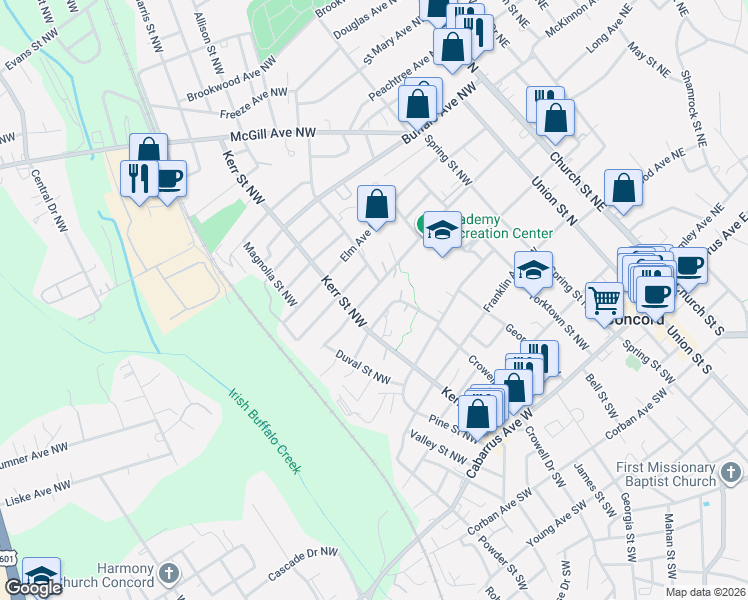 map of restaurants, bars, coffee shops, grocery stores, and more near 237 Academy Avenue Northwest in Concord