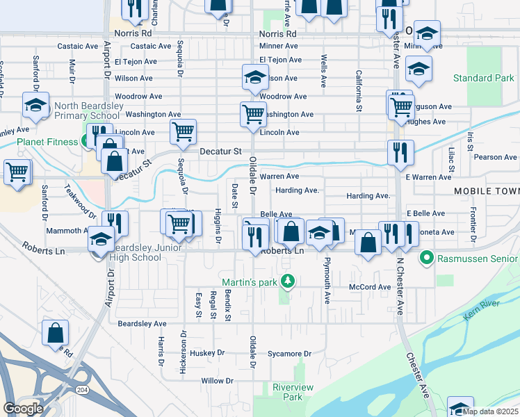 map of restaurants, bars, coffee shops, grocery stores, and more near 502 Oildale Drive in Bakersfield