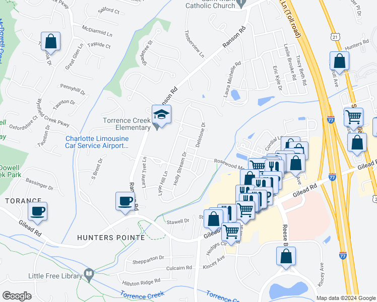 map of restaurants, bars, coffee shops, grocery stores, and more near 9411 Rosewood Meadow Lane in Huntersville