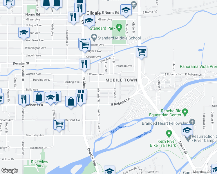 map of restaurants, bars, coffee shops, grocery stores, and more near 216 East Belle Avenue in Bakersfield