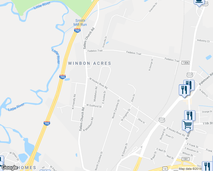 map of restaurants, bars, coffee shops, grocery stores, and more near 525 West Hooks River Road in Goldsboro