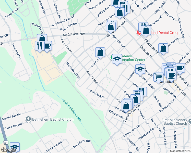 map of restaurants, bars, coffee shops, grocery stores, and more near 238 Academy Avenue Northwest in Concord