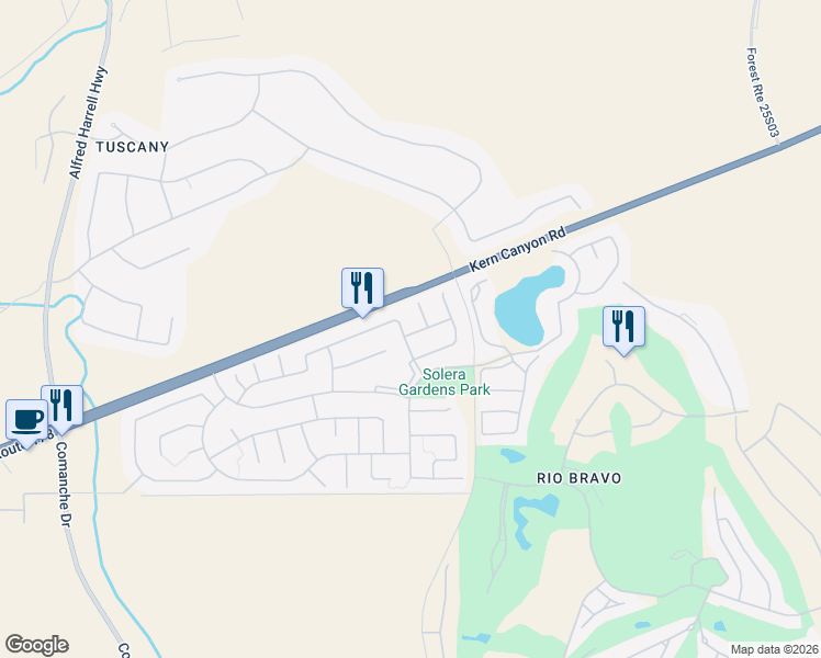 map of restaurants, bars, coffee shops, grocery stores, and more near 6216 Pinion Ranch Road in Bakersfield
