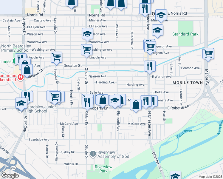 map of restaurants, bars, coffee shops, grocery stores, and more near 307 Belle Avenue in Bakersfield