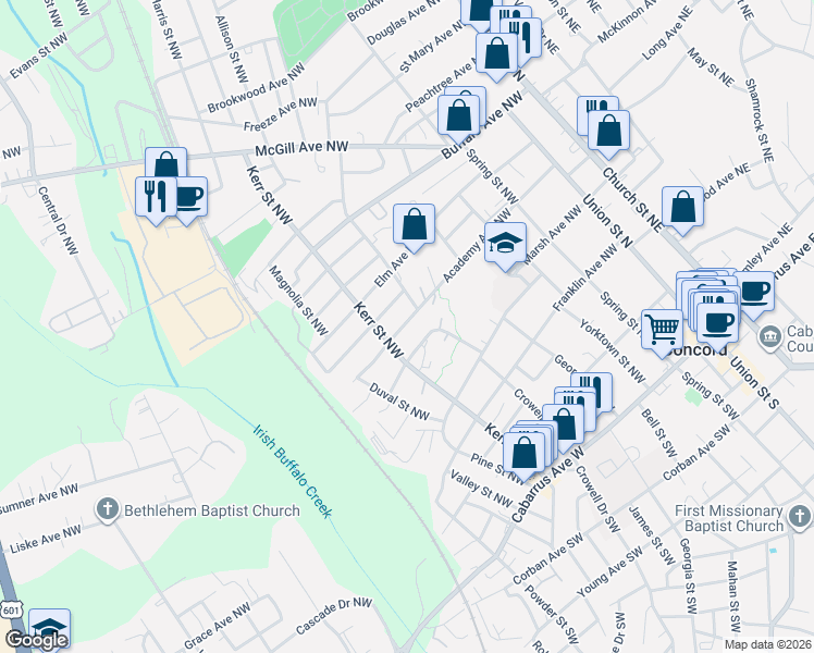 map of restaurants, bars, coffee shops, grocery stores, and more near 237 Academy Avenue Northwest in Concord