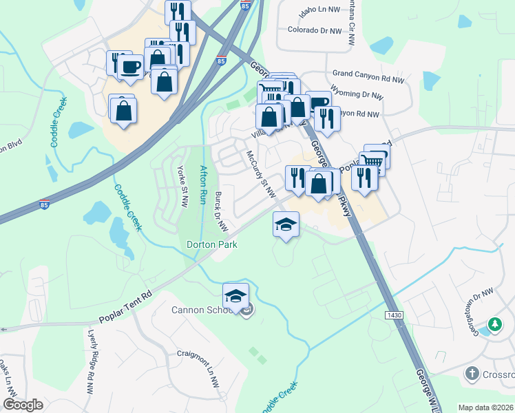 map of restaurants, bars, coffee shops, grocery stores, and more near 5553 Lemley Road Northwest in Concord