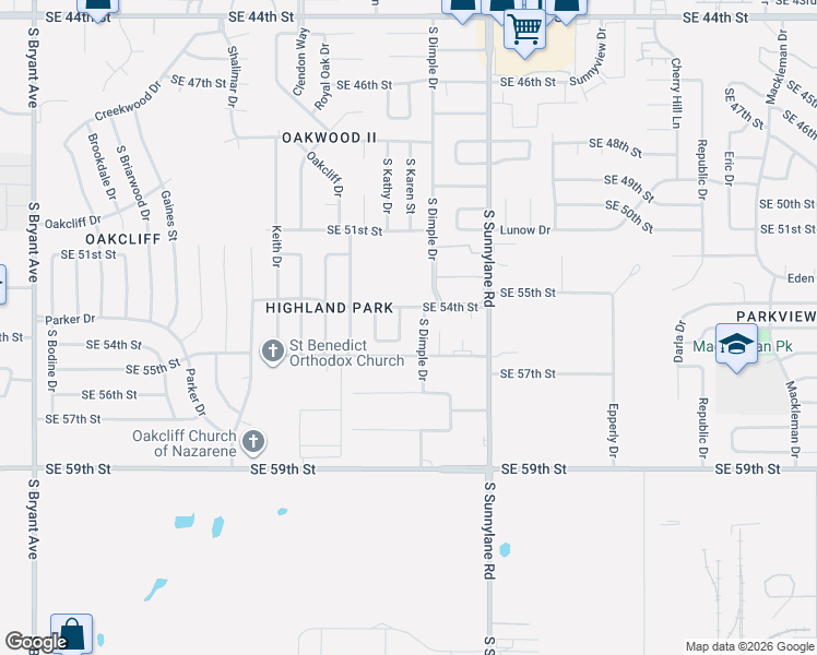 map of restaurants, bars, coffee shops, grocery stores, and more near 5520 South Karen Street in Oklahoma City