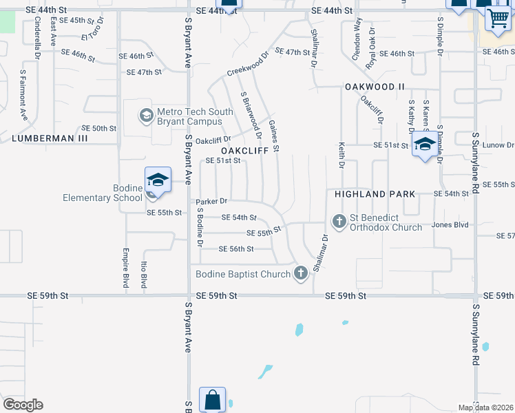 map of restaurants, bars, coffee shops, grocery stores, and more near 3225 Southeast 54th Street in Oklahoma City