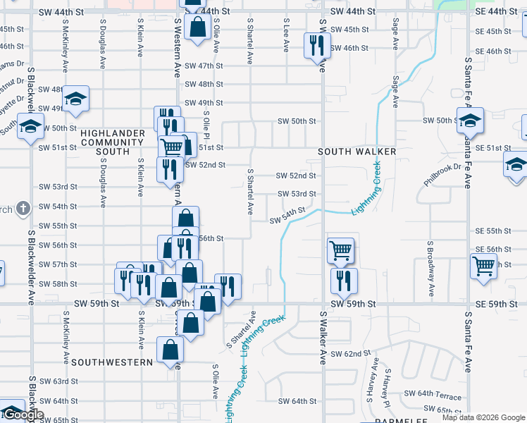 map of restaurants, bars, coffee shops, grocery stores, and more near 5424 South Shartel Avenue in Oklahoma City