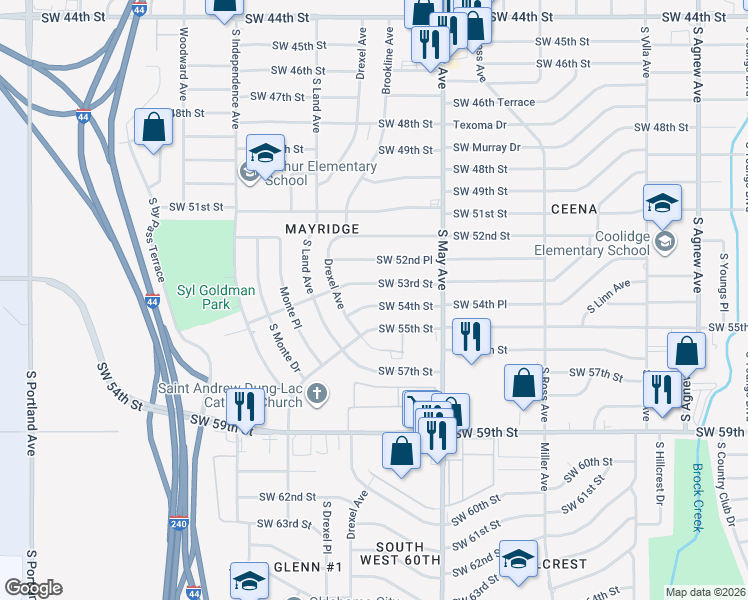 map of restaurants, bars, coffee shops, grocery stores, and more near 3014 Southwest 54th Street in Oklahoma City