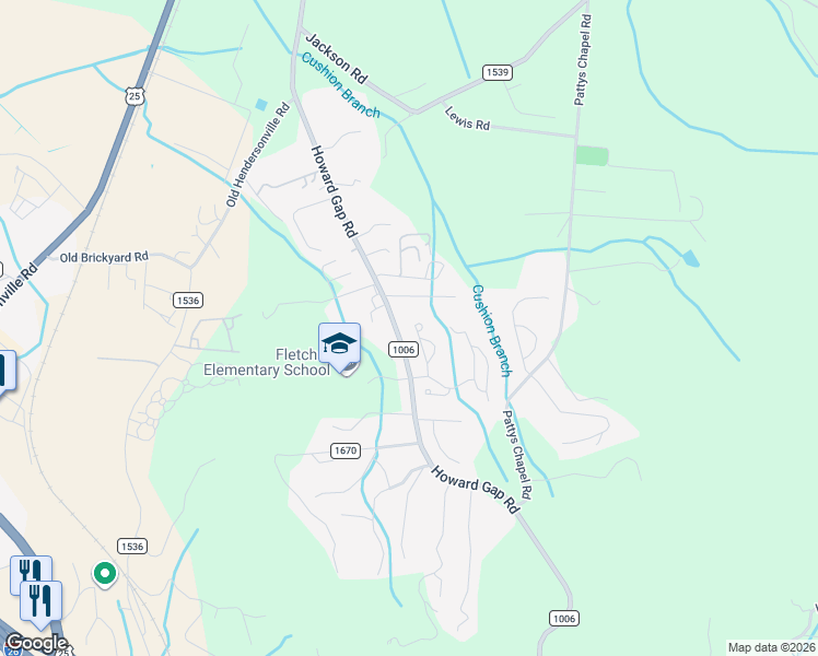 map of restaurants, bars, coffee shops, grocery stores, and more near 446 Howard Gap Road in Fletcher