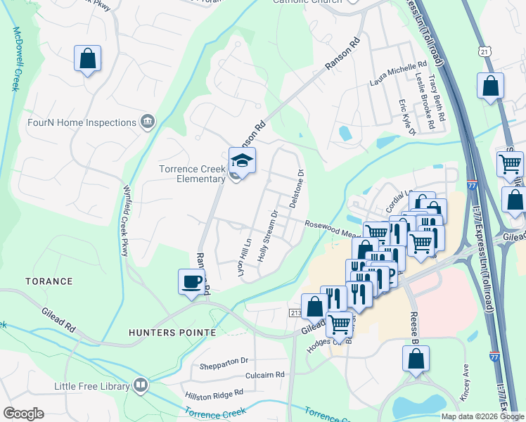 map of restaurants, bars, coffee shops, grocery stores, and more near in Huntersville