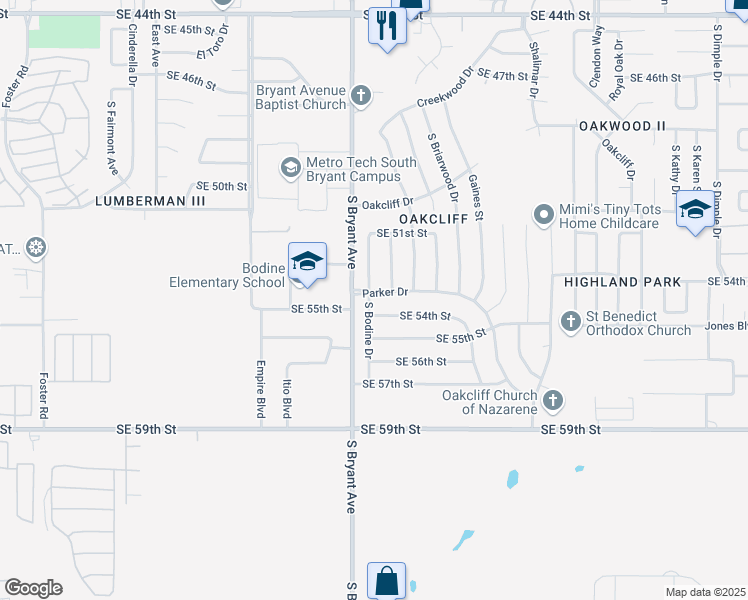 map of restaurants, bars, coffee shops, grocery stores, and more near 3012 Parker Drive in Oklahoma City