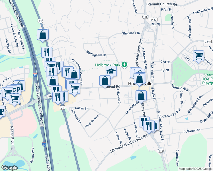 map of restaurants, bars, coffee shops, grocery stores, and more near 223 Gilead Road in Huntersville