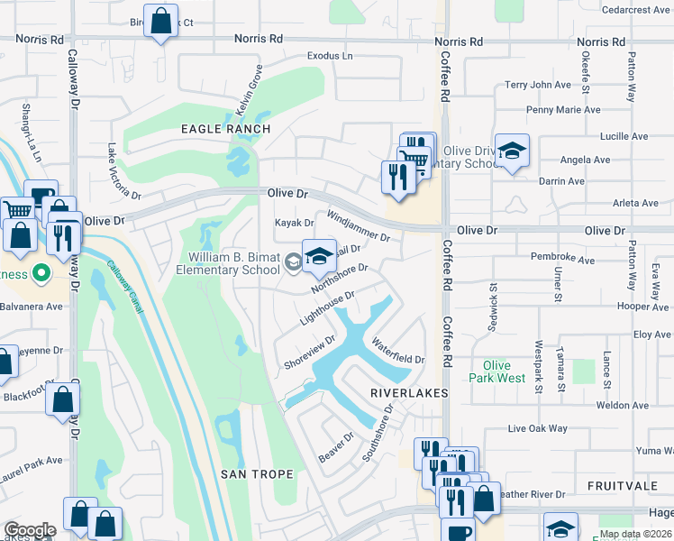 map of restaurants, bars, coffee shops, grocery stores, and more near 8505 Northshore Drive in Bakersfield