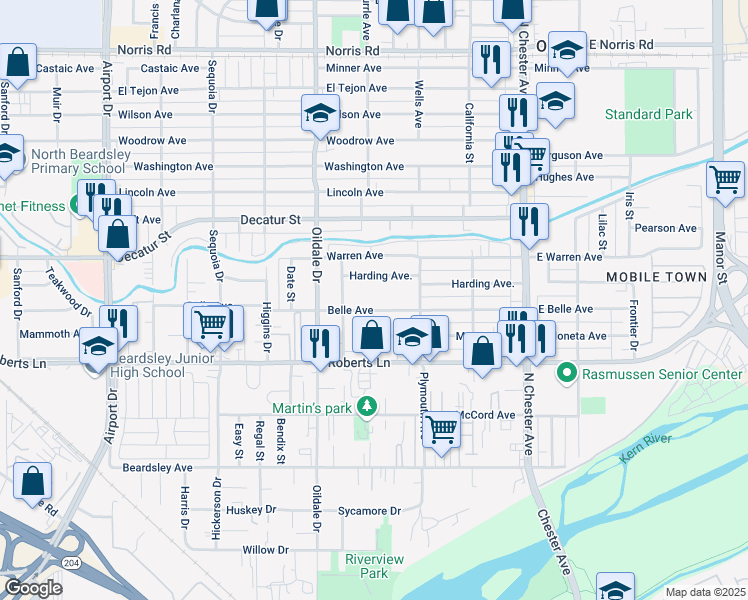 map of restaurants, bars, coffee shops, grocery stores, and more near 320 Belle Avenue in Bakersfield