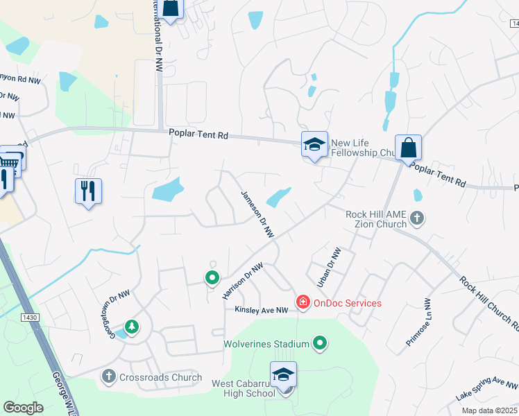 map of restaurants, bars, coffee shops, grocery stores, and more near 2672 Jameson Drive Northwest in Concord