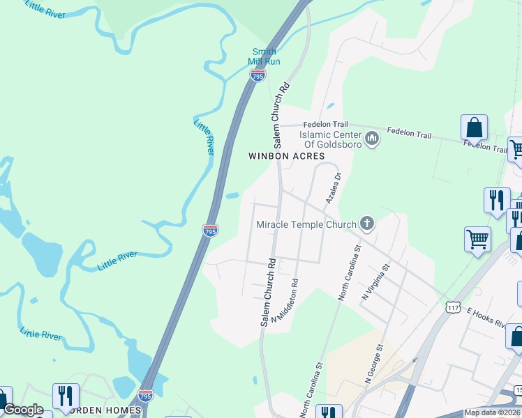 map of restaurants, bars, coffee shops, grocery stores, and more near 1816 North Friendly Road in Goldsboro