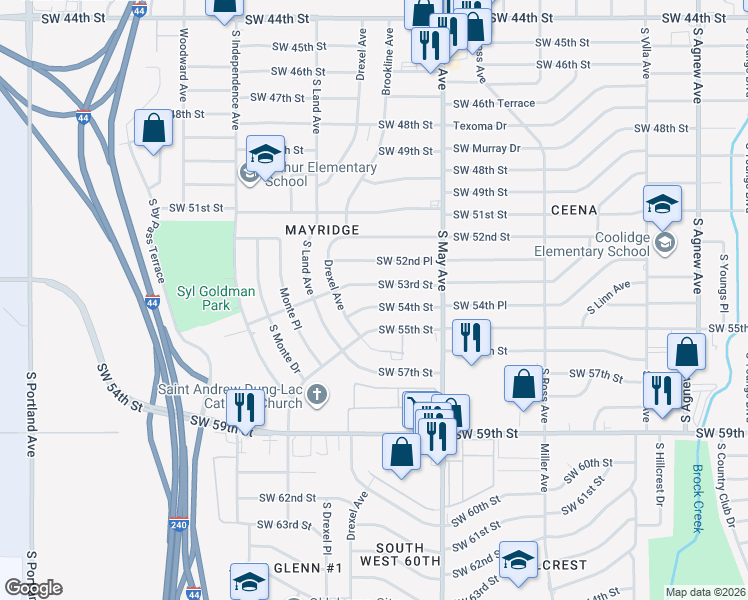 map of restaurants, bars, coffee shops, grocery stores, and more near 3014 Southwest 54th Street in Oklahoma City