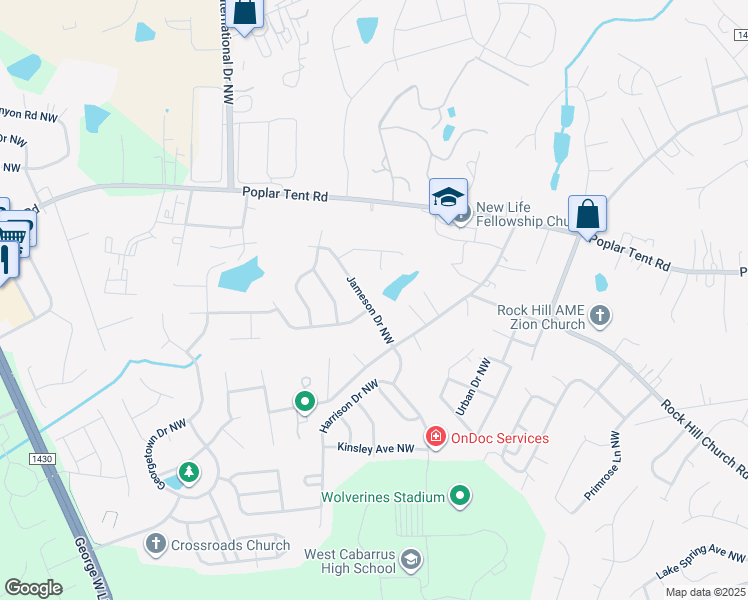 map of restaurants, bars, coffee shops, grocery stores, and more near 2672 Jameson Drive Northwest in Concord