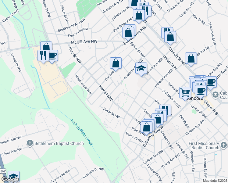 map of restaurants, bars, coffee shops, grocery stores, and more near 237 Academy Avenue Northwest in Concord
