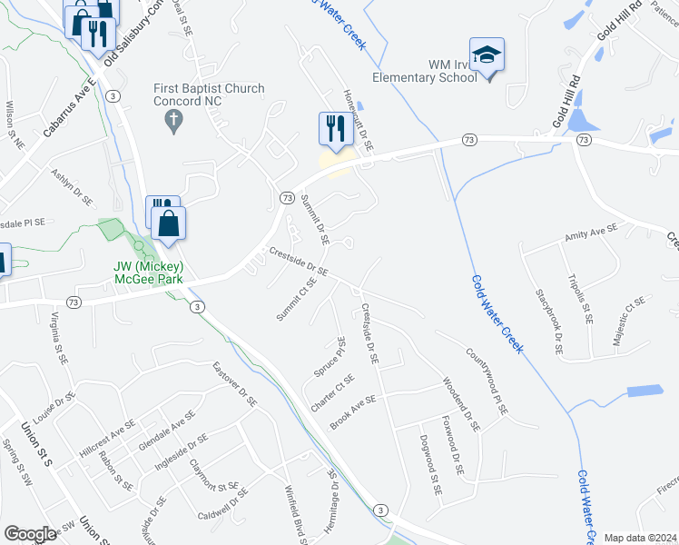 map of restaurants, bars, coffee shops, grocery stores, and more near 367 Crestside Drive Southeast in Concord