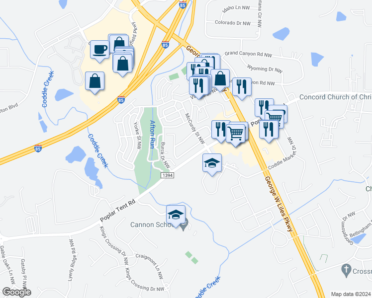 map of restaurants, bars, coffee shops, grocery stores, and more near 5544 Lemley Road Northwest in Concord