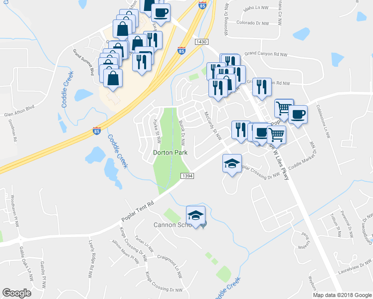 map of restaurants, bars, coffee shops, grocery stores, and more near 5668 Burck Drive Northwest in Concord