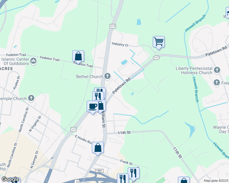 map of restaurants, bars, coffee shops, grocery stores, and more near 101 East Oakwood Street in Goldsboro