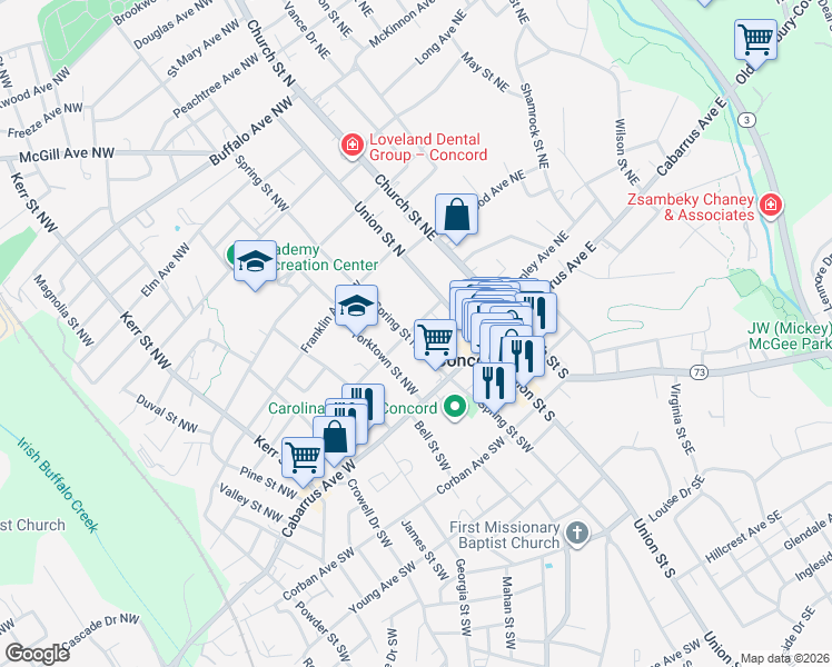 map of restaurants, bars, coffee shops, grocery stores, and more near 49 Spring Street Northwest in Concord