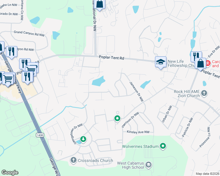 map of restaurants, bars, coffee shops, grocery stores, and more near 606 Elizabeth Lee Lane in Concord