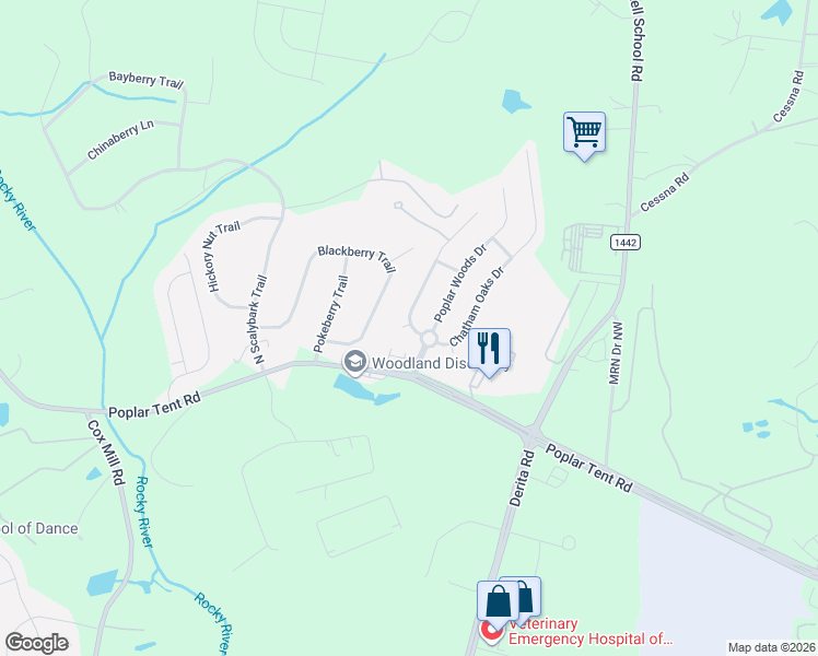 map of restaurants, bars, coffee shops, grocery stores, and more near 8572 Forest Point Road Northwest in Concord