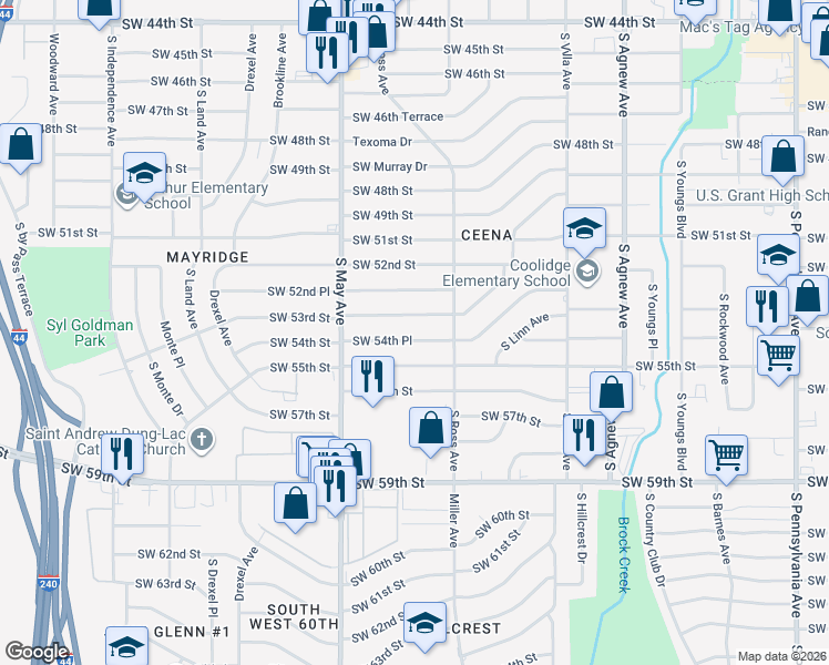 map of restaurants, bars, coffee shops, grocery stores, and more near 2736 Southwest 54th Place in Oklahoma City