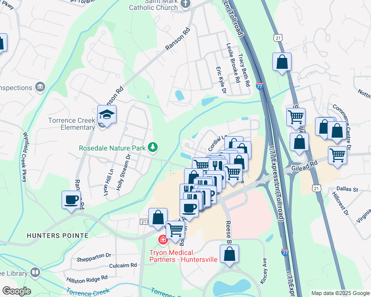 map of restaurants, bars, coffee shops, grocery stores, and more near 9614 Blossom Hill Drive in Huntersville