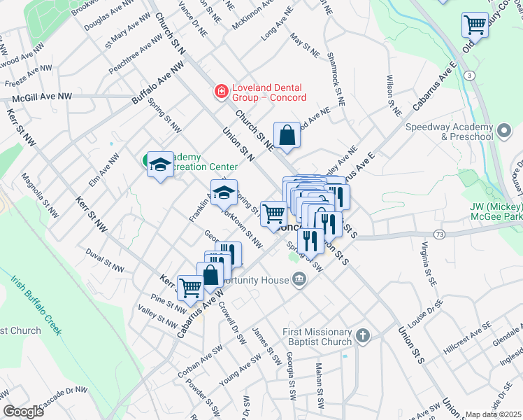map of restaurants, bars, coffee shops, grocery stores, and more near 49 Spring Street Northwest in Concord