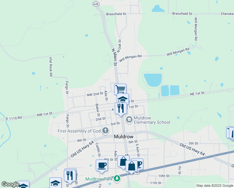 map of restaurants, bars, coffee shops, grocery stores, and more near 108 South Main Street in Muldrow