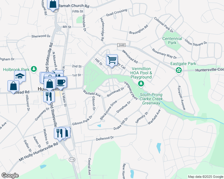 map of restaurants, bars, coffee shops, grocery stores, and more near 10207 Halston Circle in Huntersville