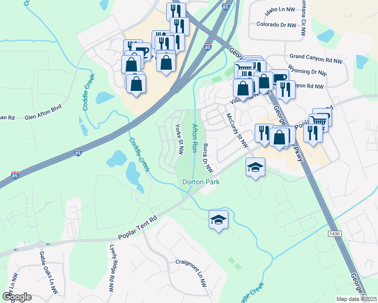 map of restaurants, bars, coffee shops, grocery stores, and more near 5790 Poplar Tent Road in Concord