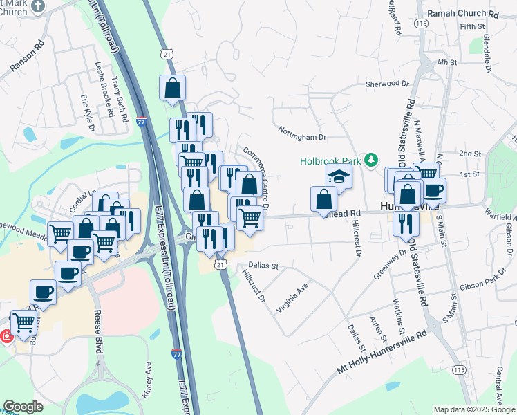 map of restaurants, bars, coffee shops, grocery stores, and more near 500 Gilead Road in Huntersville