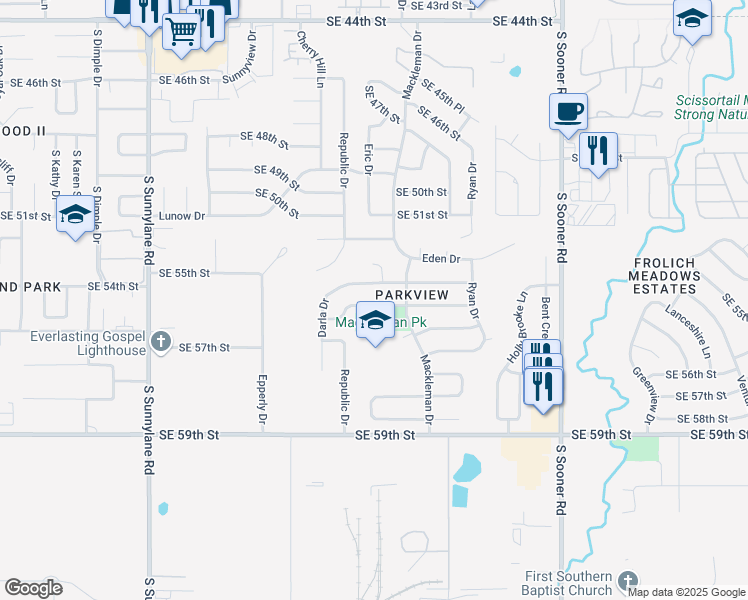 map of restaurants, bars, coffee shops, grocery stores, and more near 4939 Southeast 54th Street in Oklahoma City
