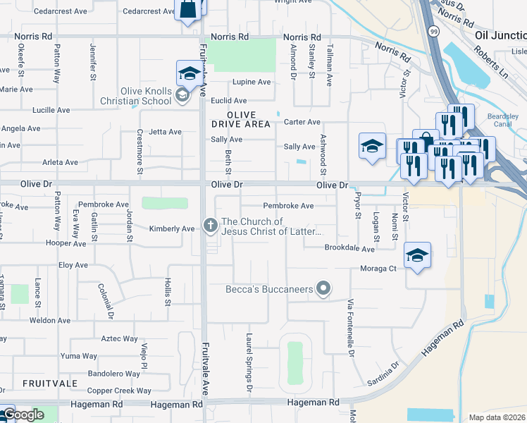 map of restaurants, bars, coffee shops, grocery stores, and more near 6208 Westlake Drive in Bakersfield