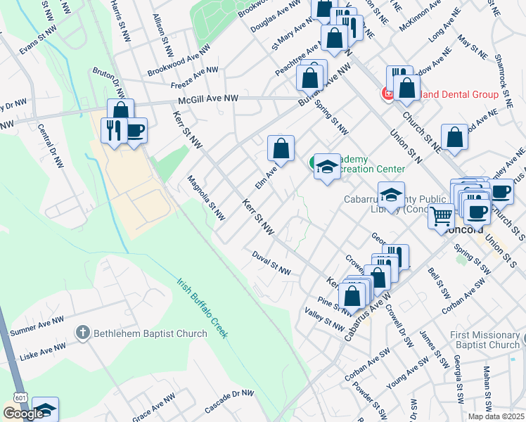 map of restaurants, bars, coffee shops, grocery stores, and more near 245 Odell Drive Northwest in Concord