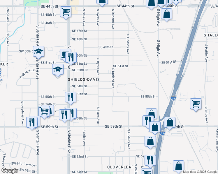 map of restaurants, bars, coffee shops, grocery stores, and more near 444 Southeast 54th Street in Oklahoma City