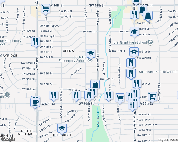 map of restaurants, bars, coffee shops, grocery stores, and more near 2416 Southwest 54th Street in Oklahoma City