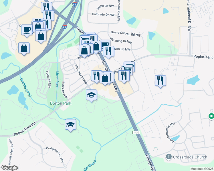 map of restaurants, bars, coffee shops, grocery stores, and more near 5303 Poplar Tent Road in Concord