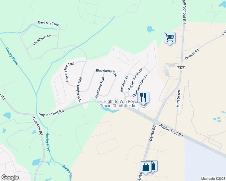 map of restaurants, bars, coffee shops, grocery stores, and more near 220 Blackberry Trail in Concord